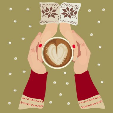 Bir fincan kahveyle el ele tutuşan çift. Büyük bardakta kapuçino ile kış ve sonbahar konsepti. Sıcak kahve molası, kupa kupası. Üst görünüm vektör çizimi. Noel teması.