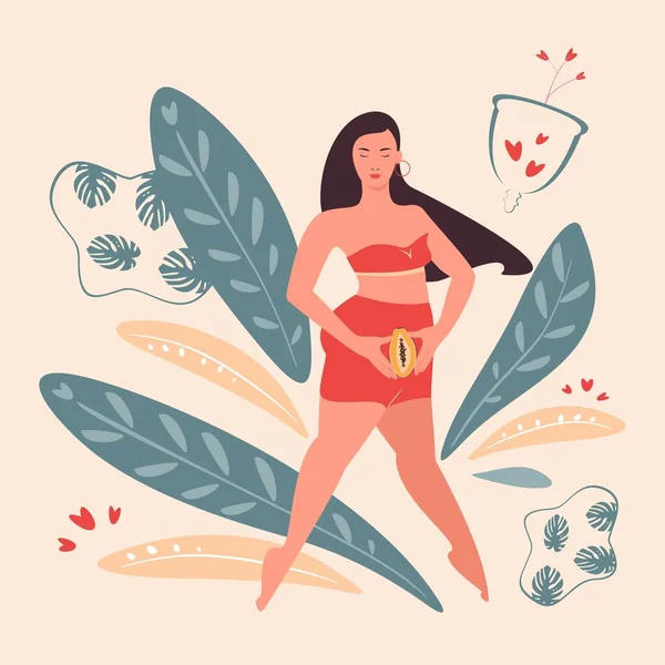 Frau Mit Papayafrucht Der Hand Vektorillustration Mit Menstruationstasse Und Blüten — Stockvektor