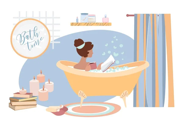 Flat Vector Illustration Badezeitkonzept Junge Frau Liegt Badewanne Voller Seifenschaum — Stockvektor