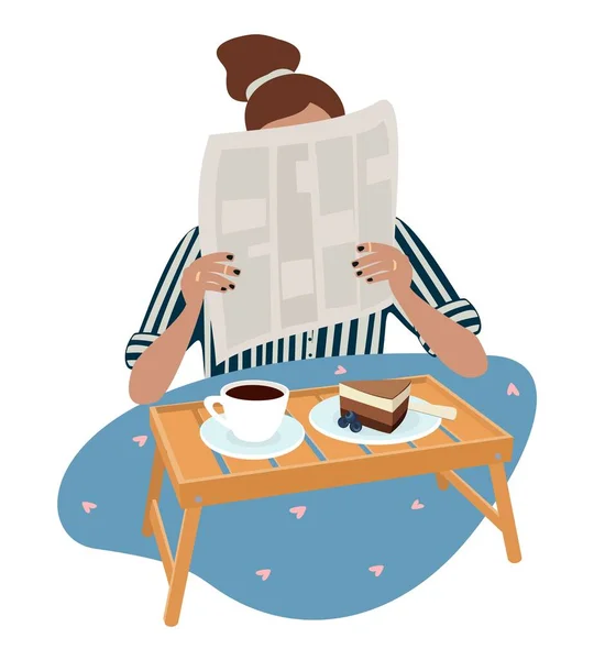 Young Woman Having Breakfast Bed Reading Newspaper Vector Flat Illustration — Stock Vector