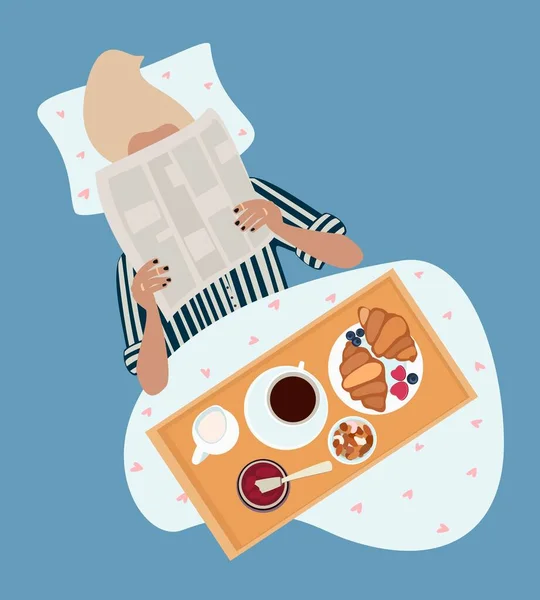 Young Woman Having Breakfast Bed Reading Newspaper Top View Vector — Stock Vector