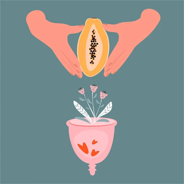 Papaya Fruit Handen Van Een Vrouw Vector Illustratie Met Menstruatiecup — Stockvector