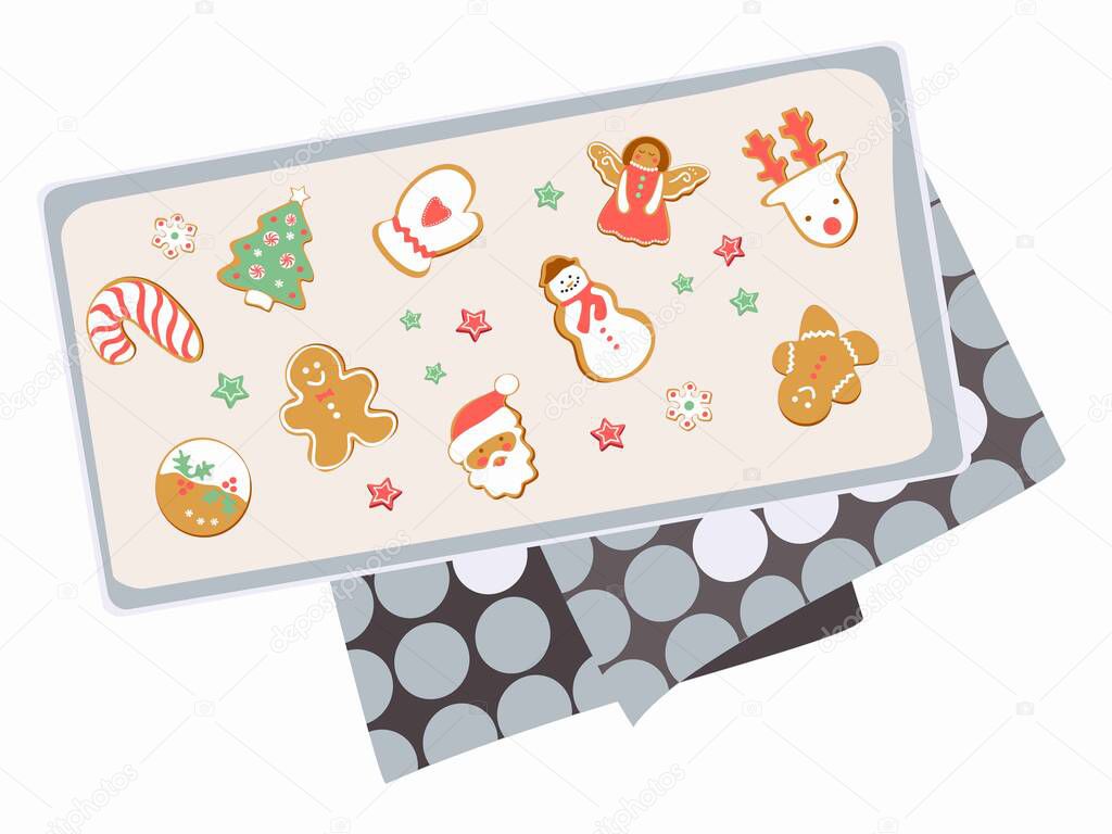 Different Christmas gingerbread cookies on a parchment paper. Christmas bakery gingerbread cookie tray. Vector flat illustration.