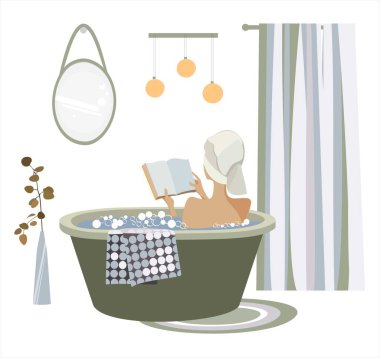 Düz Vektör İllüstrasyonu. Banyo Zamanı Kavramı. Küvette Sabun köpüğü içinde yatan ve kitap okuyan genç bir kadın. Salon 'daki Spa Prosedürü, Otel Tatil ve Boş Zaman