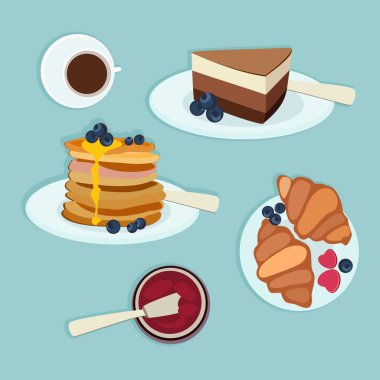 Tatlı koleksiyonu: peynirli kek, kruvasan, krep, tiramisu, kahve ve reçel.