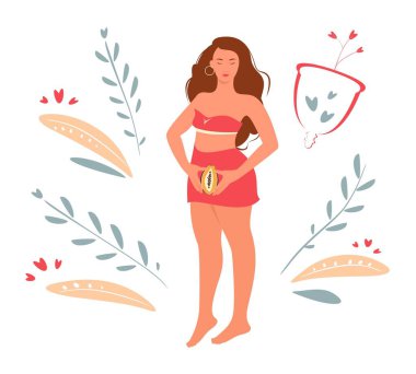 Elinde papaya meyvesi tutan bir kadın. Adet fincanı, çiçek ve yapraklı vektör çizimi. Kritik günlerde kadınlar için çevre koruması. Kadınlar arası dönem. Özel hijyen..