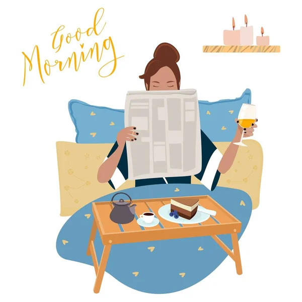 Guten Morgen Konzept Junge Frau Frühstückt Bett Und Liest Zeitung — Stockvektor