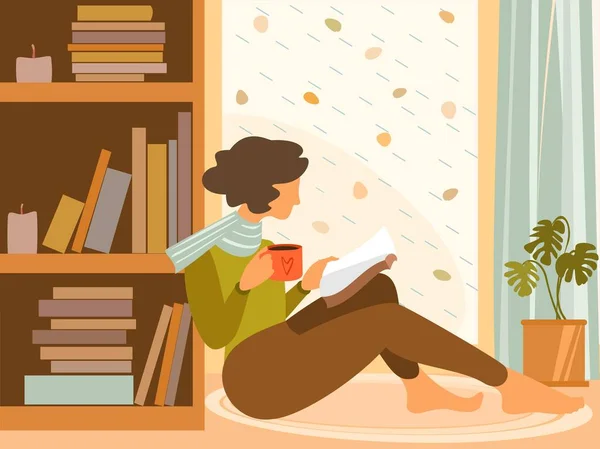 秋天的心情矢量平面插图 雨下在窗外 秋天的自然 秋天舒适的家 年轻女人读一本好书 喝着热气腾腾的咖啡或茶 — 图库矢量图片