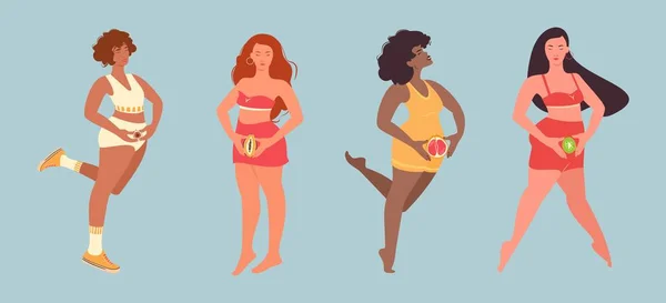 Quatre Femmes Tiennent Des Fruits Dans Leurs Mains Figue Grejpfrut — Image vectorielle