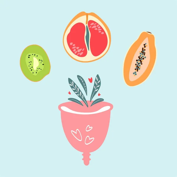 Grejpfrut Fruit Papaya Fruit Kiwifruit Vector Illustratie Met Menstruatiecup Bloemen — Stockvector