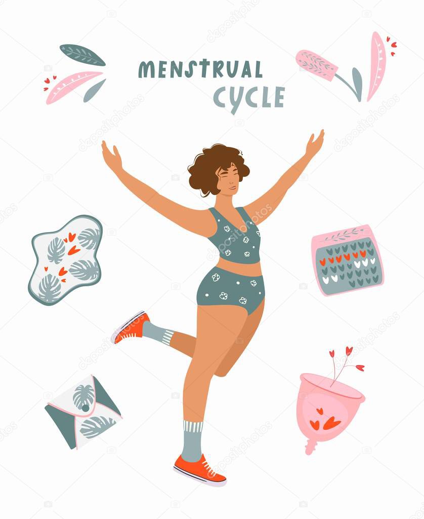 Female menstrual cycle. Eco protection for woman in critical days. Vector flat cartoon illustration on white background. Menstrual cup and menstrual calendar. Woman monthly periods.