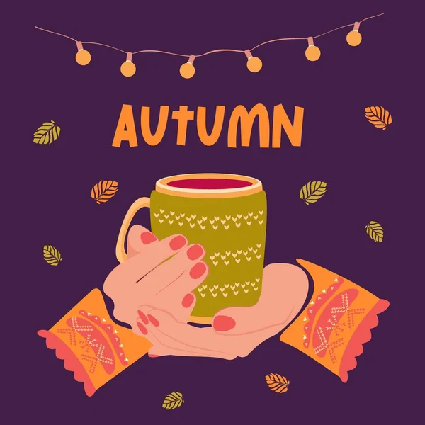 Vector Postcard Cup Knitted Sweater Autumn Winter Holidays Banner Woman — Stock Vector