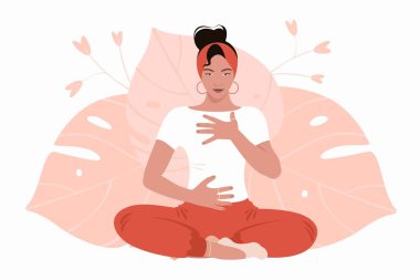 Abdominal Solunum. Genç kadın derin nefes alma alıştırması yapıyor. Nefes Farkındalığı Egzersizi. Vektör Düz Çizim.