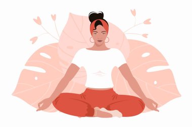 Nilüfer çiçeğinde oturan genç bir kadın derin nefes alma egzersizi ya da yoga yapıyor. Nefes Farkındalığı Egzersizi. Vektör Düz Çizim.