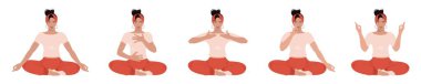 Vektör ayarlandı. Çeşitli pozlarda oturan ve derin nefes alma alıştırması yapan genç bir kadın veya Yoga. Abdominal Solunum. Nefes Bilinci Egzersizi.