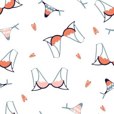Beyaz arka planda seksi iç çamaşırları. Parlak Sevgililer Günü modeli. Kırtasiye, kart, ağ ve ambalaj kağıdı için modaya uygun el çizimi sütyen pürüzsüz vektör deseni.