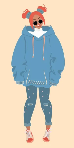 Regarde Jour Illustration Jeune Femme Créative Jeune Fille Portant Sweat — Image vectorielle