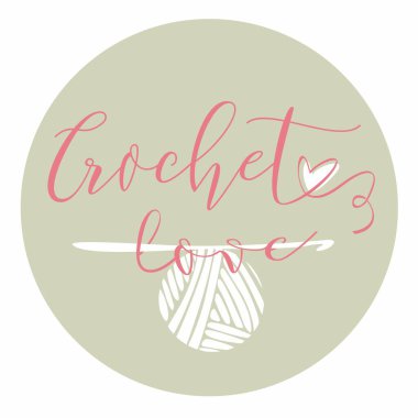 El yapımı, hobi ve örgü teması. El çizimi vektör logosu şablonu ve yuvarlak şekilli logo resimleri. Sevgiyle tığ işi.