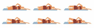 Genç yetişkin kadınlar, Kalça için Yalancı Midye Egzersizi yapıyor. Adım adım Vektör Talimatları Kegel egzersizi veya Yoga nasıl yapılır.