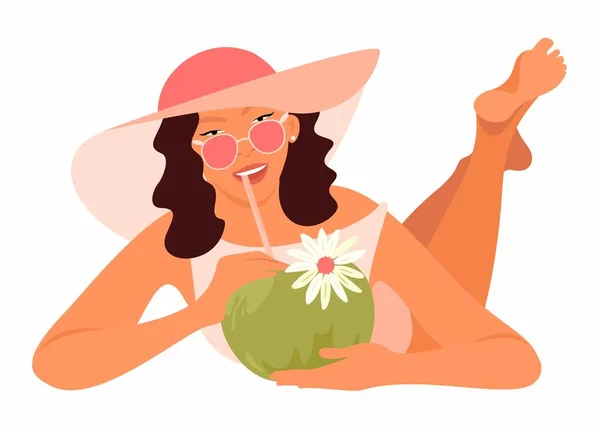 Joven Chica Hermosa Gafas Sol Sombrero Con Coco Tarjeta Verano — Archivo Imágenes Vectoriales