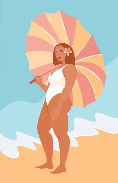 Jonge Vrouw Rust Onder Een Parasol Zandstrand Zomerkaart Vector Zomer — Stockvector