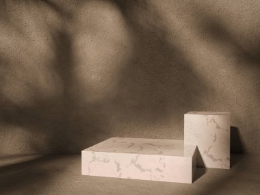 Ürün sunumu için minimum soyut kozmetik arka plan. Bej alçı duvarda güneş gölgesi var. 3d resimleme.