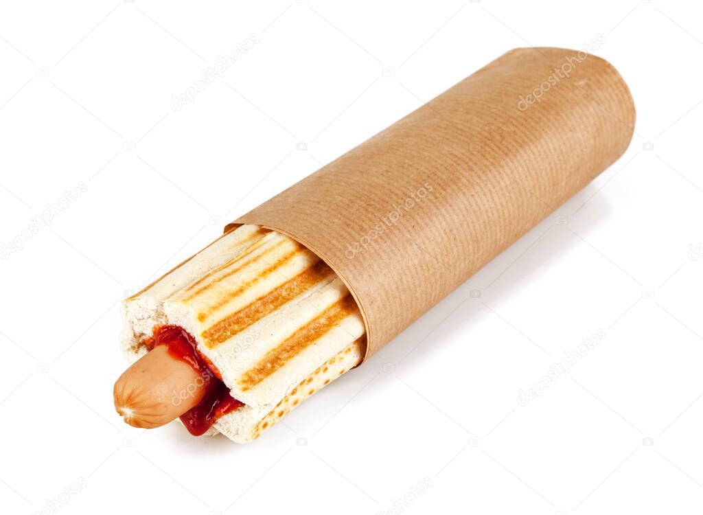 A hot dog isolated on a white background. View from another angle in the portfolio.