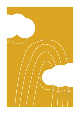 Soyut minimalist gökyüzü posteri, bulutlar ve altın bir arka planda gökkuşağı. Duvar dekorasyonu veya kartpostal tasarımı için kullanılabilir