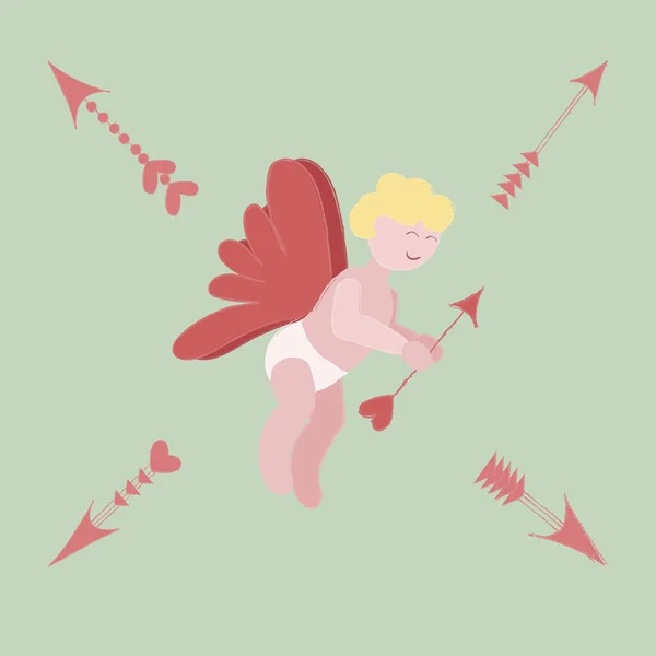 Cupido Con Flechas Amor Ilustración Vectorial Sobre Fondo Verde Puede — Vector de stock