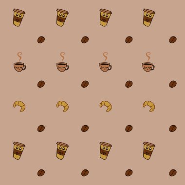 Kahve arkaplan desenli ve kruvasanlı.