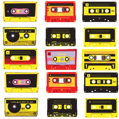 Ses kasedi Ses Kasedi Mavi ve kırmızı dört renk minimal simgesi Kaset Retro popart müzik seti kusursuz arkaplan. Vinil kayıtları, ses kasetleri, mikrofon ve radyo kolaj seti 
