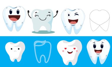 Biftekli dişler Mutlu hasta sette gülümsüyor. Sağlıklı dişler. Gülücük Diş Hekimi Konsepti Diş Modeli, steteskop ve steril diş aletleri ile mavi arka planda yatıyordu 
