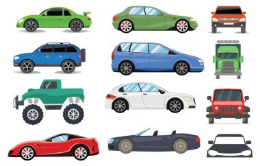 Araba simgesi ayarlandı İnce çizgi simgeleri modern araba siluetlerinin özel simgeleri. Kullanılmamış araba lastiği simgesi Beyaz SUV vektör şablonu