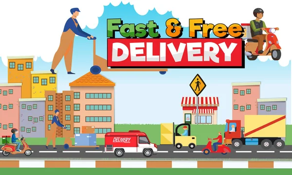 Free Delivery Delivery Driver Driving Van Delivery Pizza Man Delivery — Stock Vector