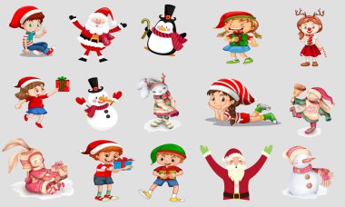 Kanepede hediyelerle poz veren neşeli aile Ren geyiği kırmızı şapkalı kar tanesi kar tanesi beyaz arka planda kırmızı ve altın renkli çam ağacı dallarıyla Noel pastaları için kırmızı baharatlara izole edilmiş vaziyette yatıyordu.