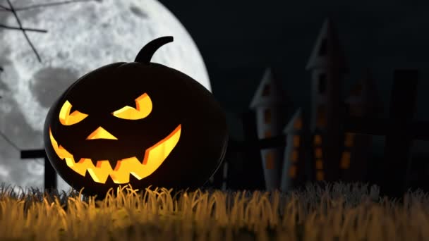 Halloween pompoen met enge glimlach op het gezicht en volle maan op een achtergrond — Stockvideo