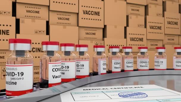 Vaccination och certifierat vaccin mot virus covid-19 på produktionslinjen — Stockvideo