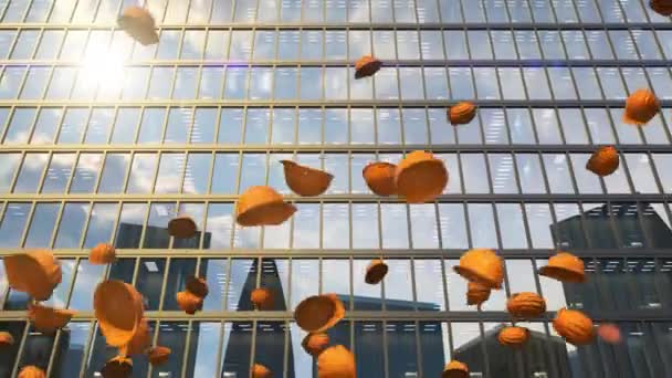 The office building is already completed and safety helmets throw up in the air — Stock Video