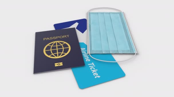 Pasaporte, tarjeta de embarque y máscara facial en todo momento volando durante el covid-19 — Vídeo de stock