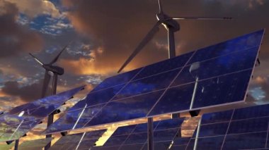 Elektrik çiftliğindeki türbin jeneratörü ve güneş panelleri ile alternatif enerji