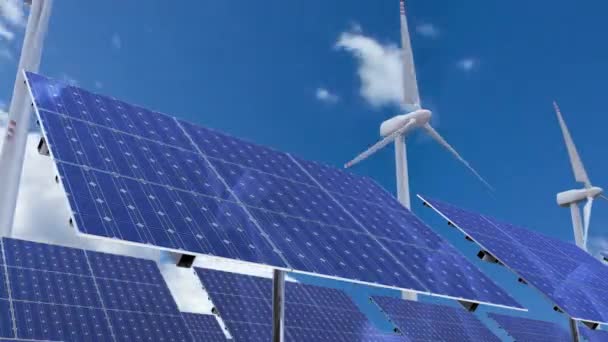 Zonnepanelen en windturbinegeneratoren tegen skyline timelapse loop — Stockvideo