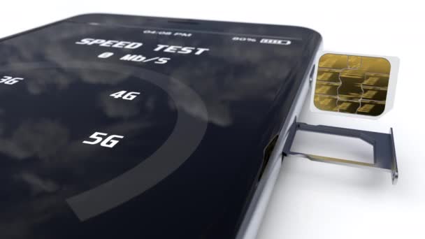 5g телекомунікаційна мережа SIM-картка та тест швидкості підключення до Інтернету — стокове відео