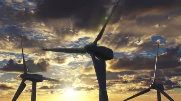 Windpark met turbines tegen zonsondergang skyline — Stockvideo