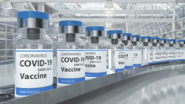 Producción de vacunas contra el virus Corona con frascos de ampolla en la línea transportadora — Vídeos de Stock