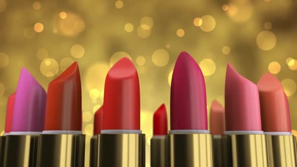 Gold color lipstick product in the shop showcase on abstract yellow background — Αρχείο Βίντεο