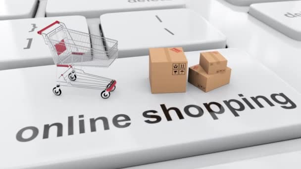Carrito de compras y compras en línea pedido en el comercio electrónico de Internet e-shop 3d — Vídeos de Stock