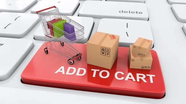 Add to cart, checkout and pay online in trade internet store e-commerce concept