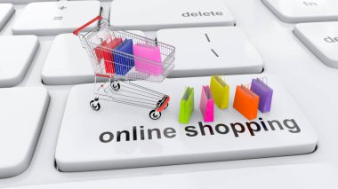 İnternet ve tüketici çantaları ile çevrimiçi alışveriş ve alışveriş arabası sipariş kavramı