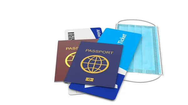 Documentos de passaporte viajam com cartão de embarque e máscara protetora — Fotografia de Stock