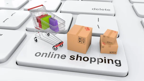 Alışveriş çantası ve kutularla dolu bir alışveriş arabasıyla internetten alışveriş yapmak.